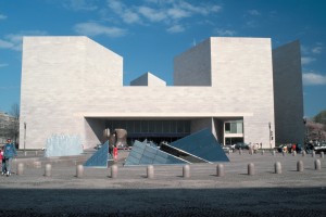 The National Gallery of Art East Building was designed by the Chinese American architect I. M. Pei. A sculpture group by the American sculptor Tony Smith stands in front of the building. Credit: © Lee Snider, Corbis