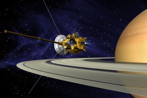 This is an artists concept of Cassini during the Saturn Orbit Insertion(SOI) maneuver, just after the main engine has begun firing. The spacecraft is moving out of the plane of the page and to the right(firing to reduce its spacecraft velocity with respect to Saturn) and has just crossed the ring plane. The SOI maneuver, which is approximately 90 minutes long, will allow Cassini to be captured by Saturn's gravity into a five-month orbit. Cassini's close proximity to the planet after the maneuver offers a unique opportunity to observe Saturn and its rings at extremely high resolution. Credit: NASA/JPL