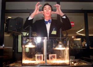 In this photograph, the American science educator Bill Nye demonstrates the greenhouse effect at a United Nations climate conference in The Hague, the Netherlands. Nye became known for his educational television show “Bill Nye the Science Guy” (1992-1998). He remains active as an advocate for science education. Credit: © AP Photo