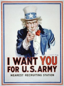 Poster shows Uncle Sam pointing his finger at the viewer in order to recruit soldiers for the American Army during World War I. The printed phrase "Nearest recruiting station" has a blank space below to add the address for enlisting. “Uncle Sam” urges men to enlist in the U.S. Army in this poster from 1917. Propaganda images were often used to stir up support and influence public opinion during World War I. Credit: © Leslie-Judge Co./Library of Congress