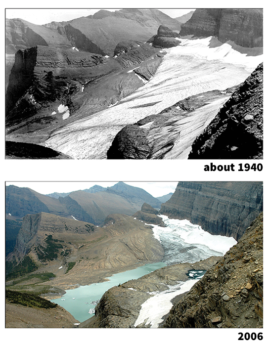 Click to view larger image The retreat of a mountain glacier can provide visible evidence of global warming. These photographs show two late-summer views of Grinnell Glacier in Glacier National Park, Montana. In the photo taken around 1940, top, Upper Grinnell Lake had only begun to form at the glacier’s end. By 2006, bottom, melting ice had caused the lake to swell in size. Researchers predict that warming will melt all of the park’s glaciers by 2030. Credit: Glacier National Park Archives, top,U.S. Geological Survey, photograph by Karen Holtzer, bottom 