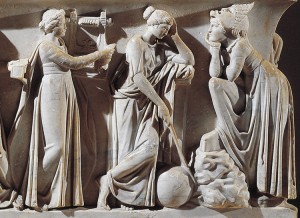 The Muses were goddesses of the arts and sciences in Greek and Roman mythology. This photograph of the Roman marble Sarcophagus of the Muses (150 B.C.) shows three of these goddesses. Erato, left, was the Muse of love poetry; Urania, center, was the Muse of astronomy; and Melpomene, right, was the Muse of tragedy. Credit: © G. Dagli Orti, De Agostini Picture Library/Bridgeman Images