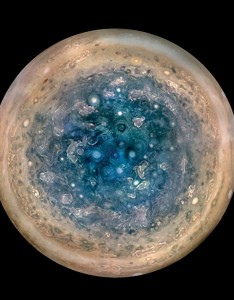 Jupiter’s south pole, as seen by the Juno spacecraft from an altitude of 32,000 miles (52,000 kilometers). The oval features are cyclones, up to 600 miles (1,000 kilometers) in diameter. Credit: NASA/JPL-Caltech/SwRI/MSSS/Betsy Asher Hall/Gervasio Robles 