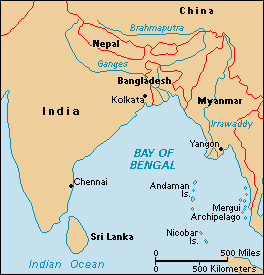Click to view larger image The Bay of Bengal is the northern part of the Indian Ocean. The bay borders on India, Bangladesh, Myanmar, and Sri Lanka. Credit: WORLD BOOK map