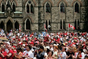 Thousands gather on Parliament Hill in Ottawa, Saturday, July 1, 2006, to take part in Canada Day, Canada's 139th anniversary celebration. Credit: AP/Wide World