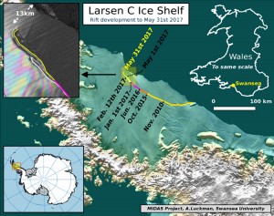 Click to view larger image The current location of the rift on Larsen C, as of May 31 2017.  Labels highlight significant jumps. Tip positions are derived from Landsat (USGS) and Sentinel-1 InSAR (ESA) data. Background image blends BEDMAP2 Elevation (BAS) with MODIS MOA2009 Image mosaic (NSIDC). Other data from SCAR ADD and OSM.  Credit: © A. Luckman, MIDAS project/Swansea University