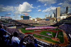 The Thunderbirds perform a flyover during the national anthem at the Major League Baseball’s All-Star Game July 15, 2014, in Minneapolis, Minn. The Thunderbirds are the Air Force’s precision flying demonstration team that flies red, white and blue F-16 Fighting Falcons. Credit: Master Sgt. Stan Parker, U.S. Air Force