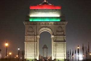 New Delhi's India Gate is a war memorial originally dedicated to India's fallen soldiers of World War I (1914-1918). India Gate decorated to celebrate India's Independence. Credit: © Rakesh Nayar, Shutterstock
