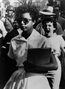 Elizabeth Eckford was one of the Little Rock Nine. This group of nine African American students integrated Central High School in Little Rock, Arkansas, in September 1957. Photographs such as this one of the 15-year-old Eckford (foreground) being jeered by a white mob made her a symbol of the struggle for civil rights in the United States. Credit: © Everett Collection/Alamy Images
