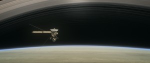  April 7, 2017 - In the still from the short film Cassini's Grand Finale, the spacecraft is shown diving between Saturn and the planet's innermost ring. Credit: NASA/JPL-Caltech