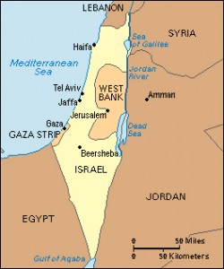 Click to view larger image Palestine today consists of the nation of Israel and the Arab areas of the Gaza Strip and the West Bank. Israel partially occupies the West Bank. Credit: WORLD BOOK map