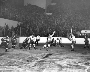 Toronto Maple Leafs player scoring goal against Detroit Red Wings, Stanley Cup Finals, April 1942. Credit: Archives of Ontario