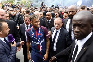 Neymar Jr of Brazil press conference and jersey presentation following his signing as new player of Paris Saint-Germain at Parc des Princes on August 4, 2017 in Paris, France. Credit: © Mehdi Taamallah, NurPhoto/Getty Images