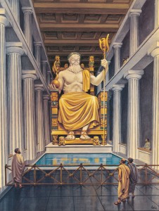The statue of Zeus at Olympia, Greece, was probably the most famous statue made by the ancient Greeks. People who came to watch the Olympic Games admired this gold and ivory figure. Credit: WORLD BOOK illustration by Birney Lettick