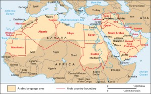 Click to view larger image The Arab world has both a political and a linguistic (language-related) definition. Politically, it includes 18 countries in the Middle East and across northern Africa. Western Sahara, also shown, is claimed by Morocco. In a linguistic sense, Arab world refers to those areas where most people speak Arabic as their native language. Credit: WORLD BOOK map