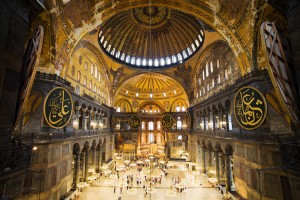 Hagia Sophia in Istanbul, Turkey, is the finest example of Byzantine architecture. It was built from A.D. 532 to 537 as a cathedral in Constantinople (now Istanbul), Turkey. It is noted for its great interior space. Credit: ©  Artur Bogacki, Shutterstock