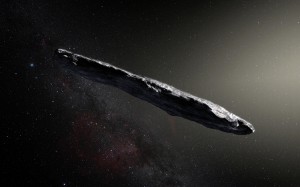 This artist’s impression shows the first interstellar asteroid: `Oumuamua. This unique object was discovered on 19 October 2017 by the Pan-STARRS 1 telescope in Hawai`i. Subsequent observations from ESO’s Very Large Telescope in Chile and other observatories around the world show that it was travelling through space for millions of years before its chance encounter with our star system. `Oumuamua seems to be a dark red highly-elongated metallic or rocky object, about 400 metres long, and is unlike anything normally found in the Solar System. Credit: ESO/M. Kornmesser