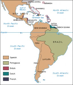 Click to view larger image In 1790, after about 300 years of colonial rule, five European countries controlled all of Latin America. The Portuguese and Spanish controlled most of mainland Latin America. The British, Dutch, and French established colonies primarily in the Caribbean. After 1790, revolutions in Latin America weakened European power in the region. Credit: WORLD BOOK map