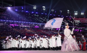 The North Korea and South Korea Olympic teams enter together under the Korean Unification Flag during the Parade of Athletes during the Opening Ceremony of the PyeongChang 2018 Winter Olympic Games at PyeongChang Olympic Stadium on February 9, 2018 in Pyeongchang-gun, South Korea. Credit: © Matthias Hangst, Getty Images