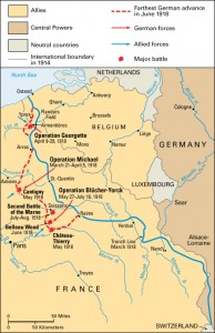 Click to view larger image The 1918 German Spring Offensive made startling gains, but it failed to achieve German victory. Allied troops eventually stopped the German advance. United States troops played key roles in the fighting at Château-Thierry, Cantigny, and Belleau Wood. Credit: WORLD BOOK map