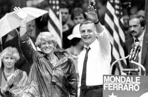 Democratic presidential candidate Walter Mondale and his running mate, Geraldine Ferraro, wave as they leave an afternoon rally in Portland, Ore., Wednesday, Sept. 5, 1984. Credit: © Jack Smith, AP Photo