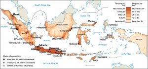 Click to view larger image This map shows the population density in Indonesia. About 60 percent of all the Indonesian people live on the island of Java, though Java accounts for only about 7 percent of the country's total area. Most of Indonesia's largest cities are also on Java. The least populated region is Papua, which occupies the western half of the island of New Guinea. Credit: WORLD BOOK map