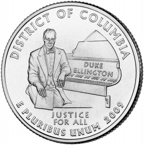 The District of Columbia quarter features an image of Duke Ellington, a great jazz bandleader, composer, and pianist. The federal district is also known as Washington, D.C. Ellington was born in Washington, D.C., in 1899. The quarter also features the words "Justice for All," the district's motto. The District of Columbia was created by the United States Congress in 1790 and became the nation's capital in 1800. Credit: U.S. Mint 