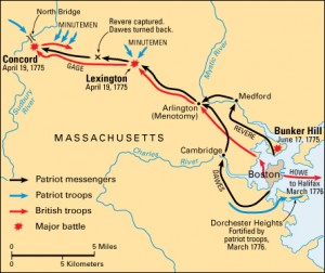 Click to view larger image Clashes at Lexington and Concord opened the American Revolution in April 1775. This map traces the routes traveled by Paul Revere and William Dawes to warn colonists of the British approach. It also locates major battles and troop movements in and around Boston. The British and Americans fought at Bunker Hill in June 1775. In March 1776, the British evacuated Boston. Credit: WORLD BOOK map