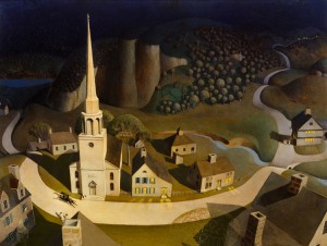 Grant Wood's The Midnight Ride of Paul Revere portrays the American patriot's famous ride in 1775, during the Revolutionary War. In his 1931 oil painting, Wood transposed the setting of Revere's ride from colonial Massachusetts to a modern, small town Iowa landscape. Credit: The Midnight Ride of Paul Revere (1931) Oil on masonite by Grant Wood, The Metropolitan Museum of Art (Art Resource)