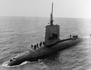 Comes alongside USS Tallahatchie County (AVB-2) outside Claywall Harbor, Naples, Italy, 10 April 1968. Scorpion was lost with all hands in May 1968, while returning to the U.S. from this Mediterranean deployment.  Courtesy Lieutenant John R. Holland, Engineering Officer, USS Tallahatchie County, 1969.   Credit: U.S. Naval History and Heritage Command 