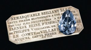 The Farnese Blue, a historic 6.16 carat pear-shaped fancy dark grey-blue diamond. Remarkable blue brilliant. This historical stone was offered by the Philippine Islands to Elisabeth Farnese, Queen of Spain, wife of Philippe V, great grandfather of the Comte of Villafranca, current owner of that stone.” Credit: © Sothebys