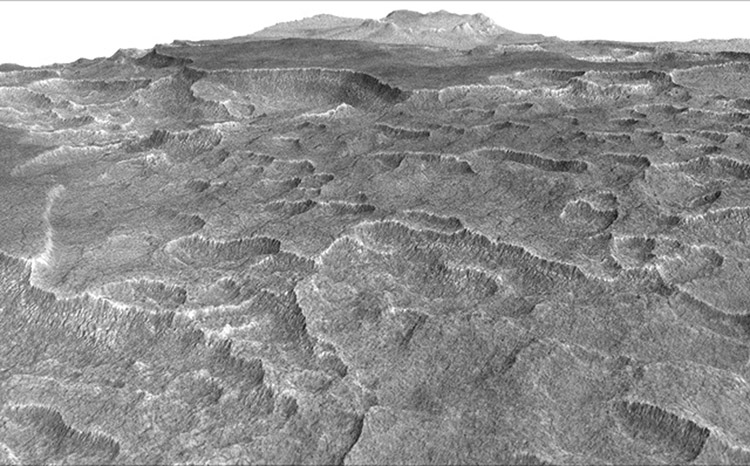 Images such as this one, showing curved depressions in Mars's Utopia Planitia region, prompted NASA to use ground-penetrating radar aboard the Mars Reconnaissance Orbiter to check for underground ice. This vertically exaggerated view shows scalloped depressions in Mars' Utopia Planitia region, prompting the use of ground-penetrating radar aboard NASA's Mars Reconnaissance Orbiter to check for underground ice. Credit: NASA/JPL-Caltech/Univ. of Arizona