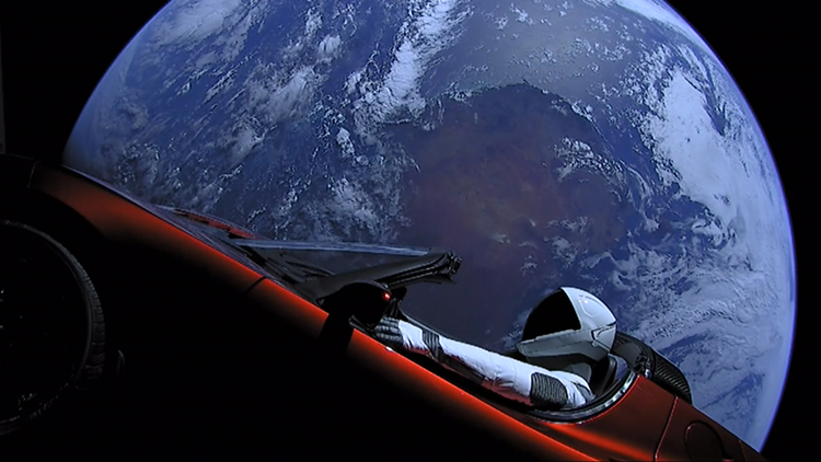 Tesla roadster launched from the Falcon Heavy rocket with a dummy driver named 'Starman' heads towards Mars. Credit: SpaceX