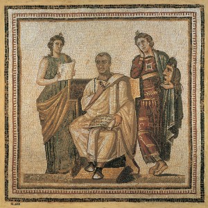 Latin literature flourished in the Age of Augustus, from 27 B.C. to A.D. 14. The poet Virgil, seated, wrote of Rome's creation in his great epic, the Aeneid. Credit: Mosaic (A.D. 200's); Bardo Museum, Tunis, Tunisia (Giraudon/Art Resource)
