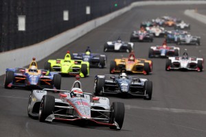 Will Power, driver of the #12 Verizon Team Penske Chevrolet,  leads the field during the 102nd Indianapolis 500 at Indianapolis Motorspeedway on May 27, 2018 in Indianapolis, Indiana. Credit: © Patrick Smith, Getty Images