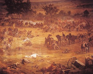 The Battle of Gettysburg marked a turning point for the North in the American Civil War. Union and Confederate forces fought the battle at Gettysburg, Pennsylvania, in July 1863. Confederate forces retreated after suffering terrible losses and were never again able to mount a major attack. Credit: Detail of The Gettysburg Cyclorama of "Pickett's Charge" (1884), a painting by Paul Philippoteaux; Gettysburg National Military Park, Gettysburg, PA (Walter B. Lane) 