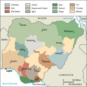 Click to view larger image The population of Nigeria consists of more than 250 ethnic groups. The three largest are the Hausa, the Yoruba, and the Igbo. Credit: WORLD BOOK map 