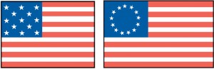 The United States flag of 1777, left, had no official arrangement for the stars. The most popular design had alternating rows of 3, 2, 3, 2, and 3 stars. Another flag with 13 stars in a circle was rarely used. Credit: WORLD BOOK illustrations 