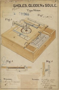 Click to view larger image A patent drawing of the first typewriter by Christopher Lathem Sholes, Carlos Glidden, and Samuel W. Soule from 1867. The patent was issued it in 1868. Credit: © Science Source 