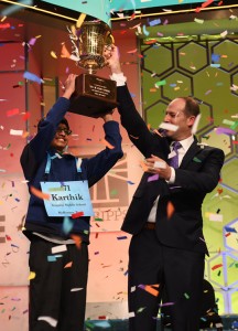 Karthik Nemmani correctly spelled the word "koinonia" to win the 2018 Scripps National Spelling Bee. Credit: © Scripps National Spelling Bee
