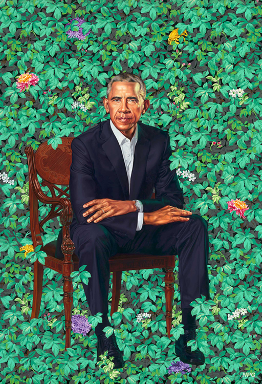 Barack Obama. Credit: Barack Obama (2018), oil on canvas by Kehinde Wiley; Smithsonian Institution
