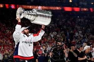 Alex Ovechkin #8 of the Washington Capitals celebrates with the Stanley Cup after defeating the Vegas Golden Knights in Game Five of the Stanley Cup Final during the 2018 NHL Stanley Cup Playoffs at T-Mobile Arena on June 7, 2018 in Las Vegas, Nevada.  Credit: © Jeff Bottari, Getty Images