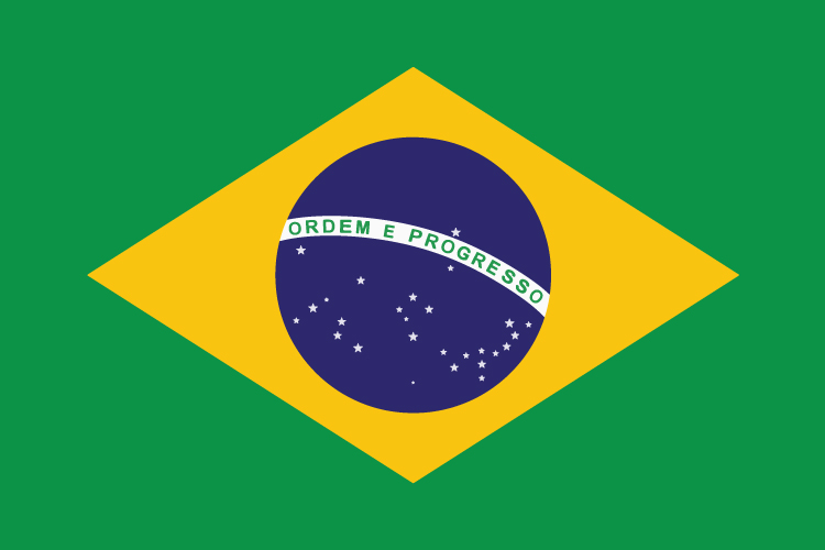 The Brazilian flag is a green flag with a yellow diamond at its center. The blue circle in the middle of the diamond contains 27 stars. The stars stand for Brazil’s 26 states and 1 federal district. A white band stretches across the circle. It bears the motto Order and Progress in Portuguese, Brazil’s official language. Credit: © Lukasz Stefanski, Shutterstock
