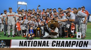 The Oregon State Beavers pose for a team photo and celebrate after defeating the Arkansas Razorbacks for the National Championship during the College World Series Championship Series on June 28, 2018 at TD Ameritrade Park in Omaha, Nebraska.   Credit: © Peter Aiken, Getty Images