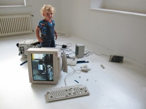 Eva and Franco Mattes, My Generation, 2010. Video, broken computer tower, CRT monitor, loudspeakers, keyboard, mouse, and various cables; overall dimensions variable. Collection of Alain Servais/Museum of Contemporary Art Chicago