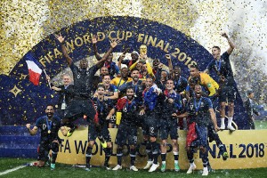 France's players celebrate as they hold their World Cup trophy during the trophy ceremony at the end of the Russia 2018 World Cup final football match between France and Croatia at the Luzhniki Stadium in Moscow on July 15, 2018.  Credit: © Franck Fife, AFP/Getty Images