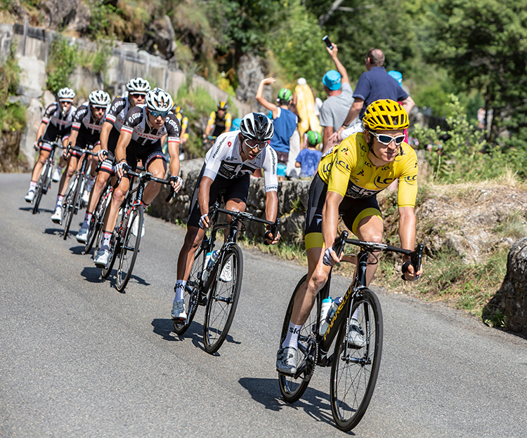 Geraint Thomas in Yellow Jersey on a descending road in Occitan region during the Tour de France 2018 on July 21, 2018. Credit: © Radu Razvan, Shutterstock