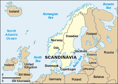 Click to view larger image Scandinavia is the region where Scandinavian people live. This includes the countries of Denmark, Norway, and Sweden, shown here. Credit: WORLD BOOK map