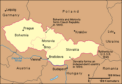 Click to view larger image In 1945, after the end of World War II and German rule, Czechoslovakia gave Ruthenia to the Soviet Union. In 1993, Slovakia and the Czech Republic, made up of Bohemia and Moravia, became independent nations. Credit: WORLD BOOK map 
