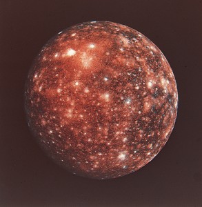 Callisto, a moon of Jupiter, is covered with craters produced when asteroids and comets struck its icy surface. Beneath the surface may be an ocean of salty liquid water. Credit: NASA 